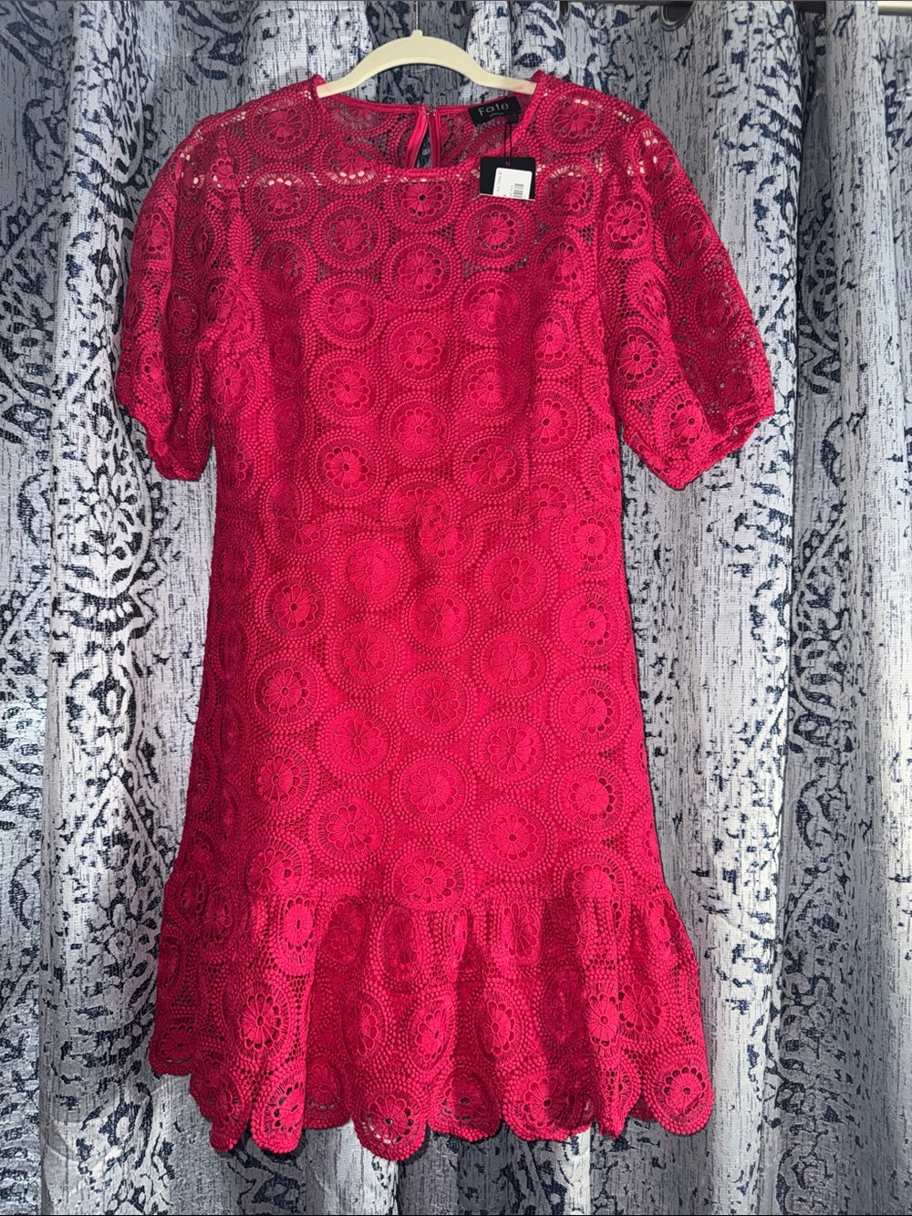 Faux hot pink Crochet Lace Short Sleeve Dress
